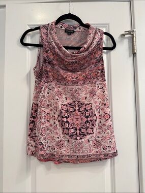 Tahari Pink and Navy Blue Floral Sleeveless Cowl Neck Top